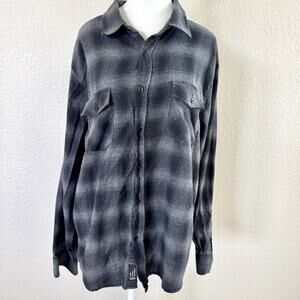 RSQ Flannel Shirt Mens XXL Gray Black Plaid Button Front Long Sleeve Skateboard